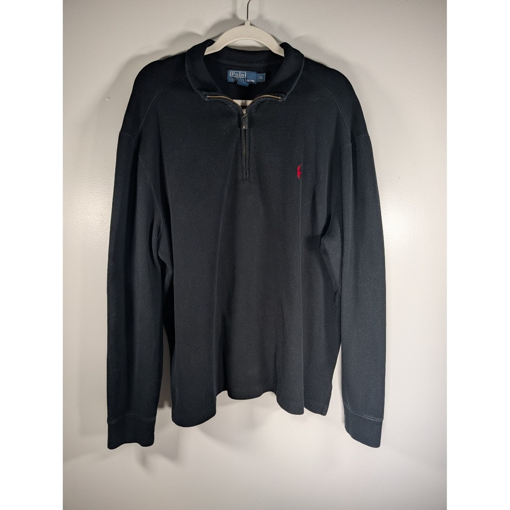 Polo Ralph Lauren Mens XL Black 100%Cotton Quarter Zip Pullover Sweater Red Pony